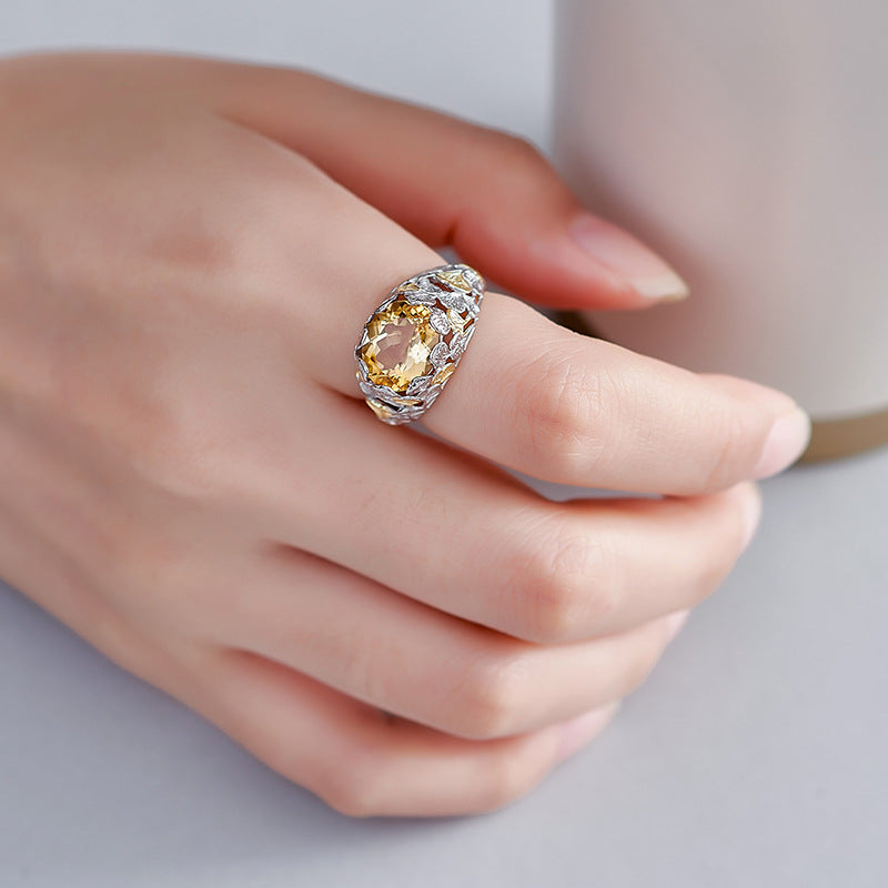 Ginkgo Leaf Citrine Ring | 925 Sterling Silver | Italian Craftsmanship
