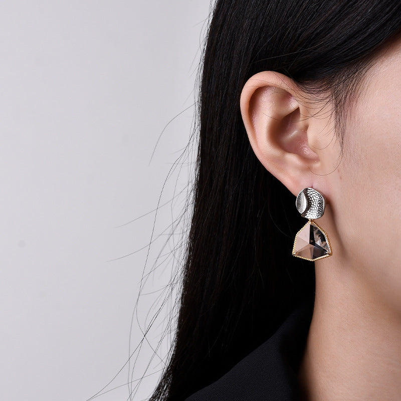 925 Sterling Silver Geometric Crystal Stud Earrings - French Gold Edge Design