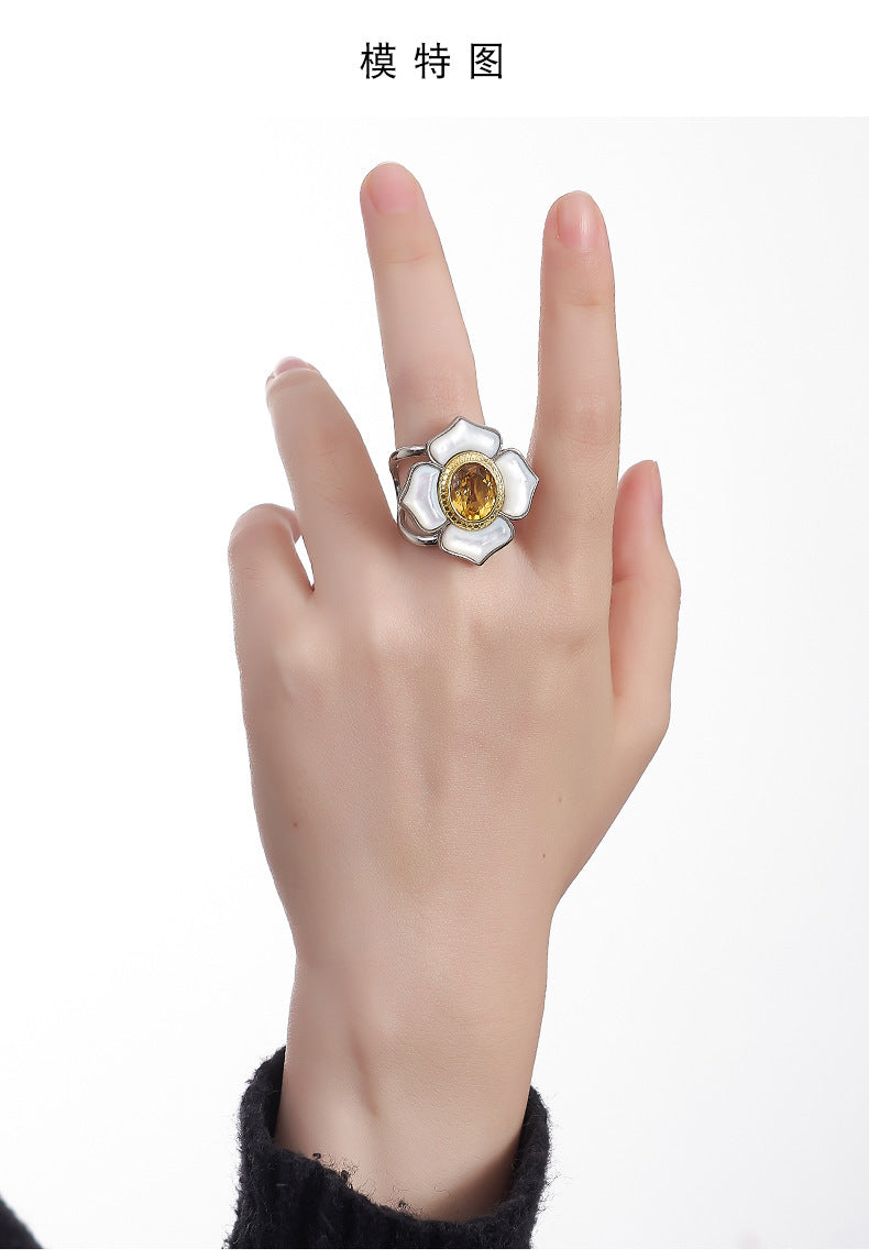 925 Sterling Silver White Shell Camellia Citrine Adjustable Ring