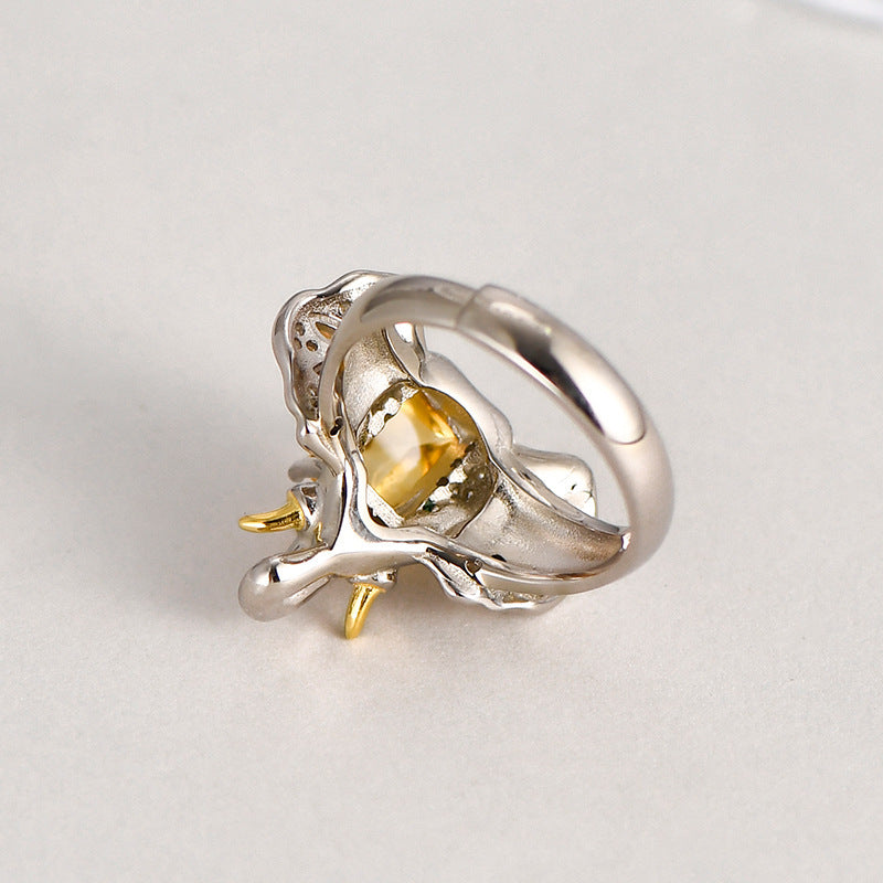 Elephant Citrine Ring - 925 Sterling Silver Adjustable Band with Micro-Pavé Detail