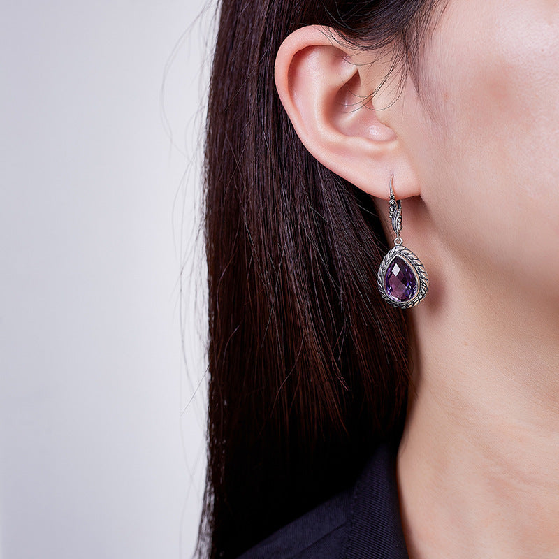 925 Sterling Silver Faceted Amethyst & Citrine Teardrop Dangle Earrings