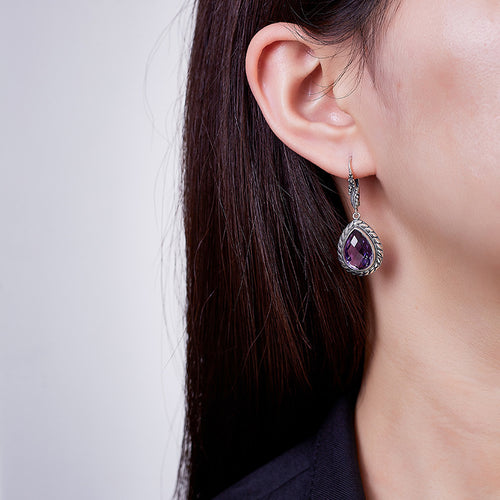 925 Sterling Silver Faceted Amethyst & Citrine Teardrop Dangle Earrings