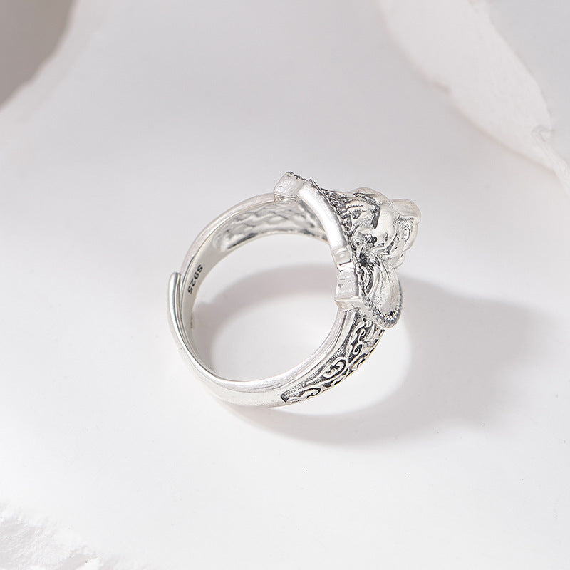 Lion Head Signet Ring - Arabesque Sterling Silver Statement Ring - Adjustable & Bold