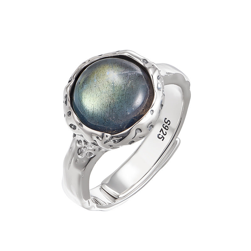 S925 silver powder crystal ring texture compact geometric adjustable ring