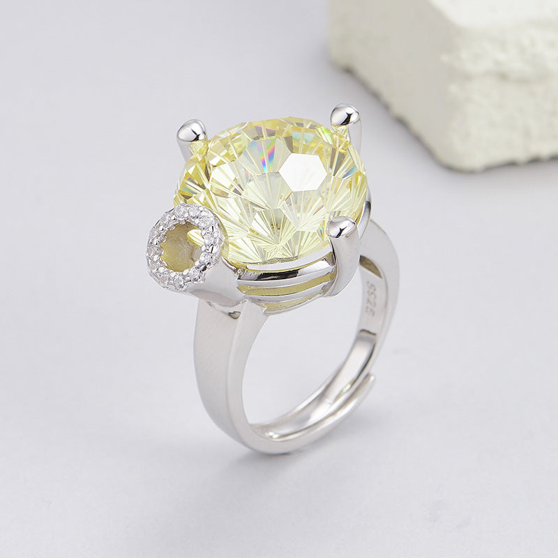 S925 silver light luxury niche design cutting surface round green crystal open ring versatile woman