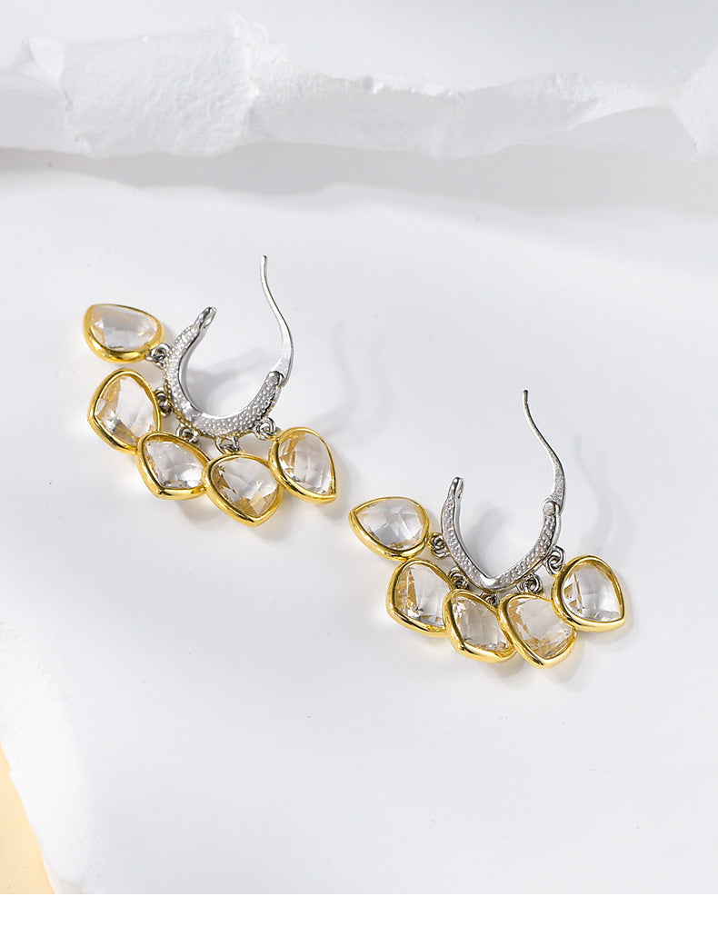 925 Sterling Silver White Crystal Cluster Dangle Earrings - French Design