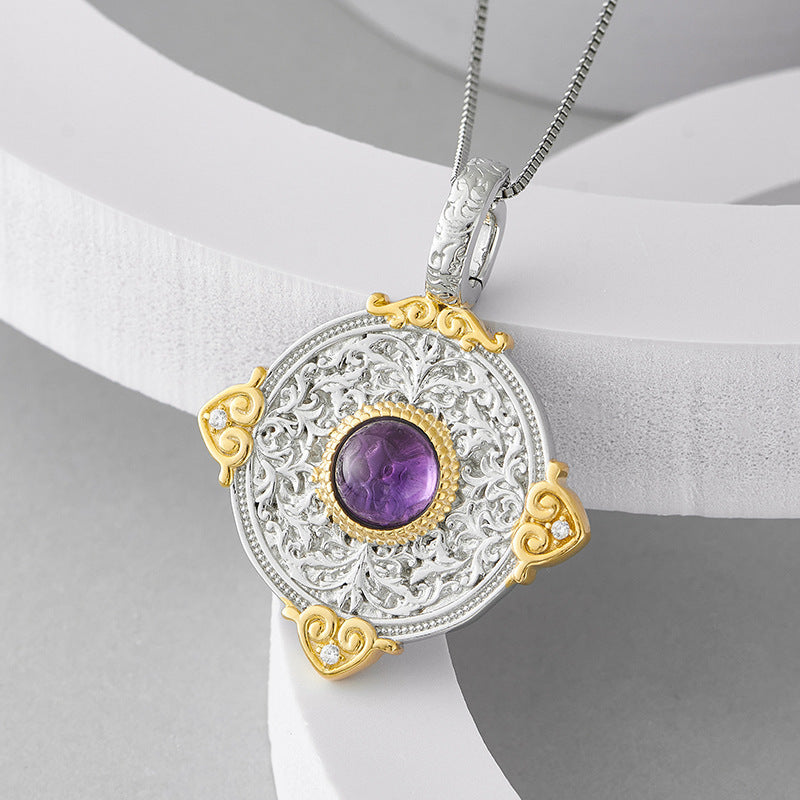 925 Sterling Silver Amethyst Double-Sided Round Pendant Necklace - Chinese Style