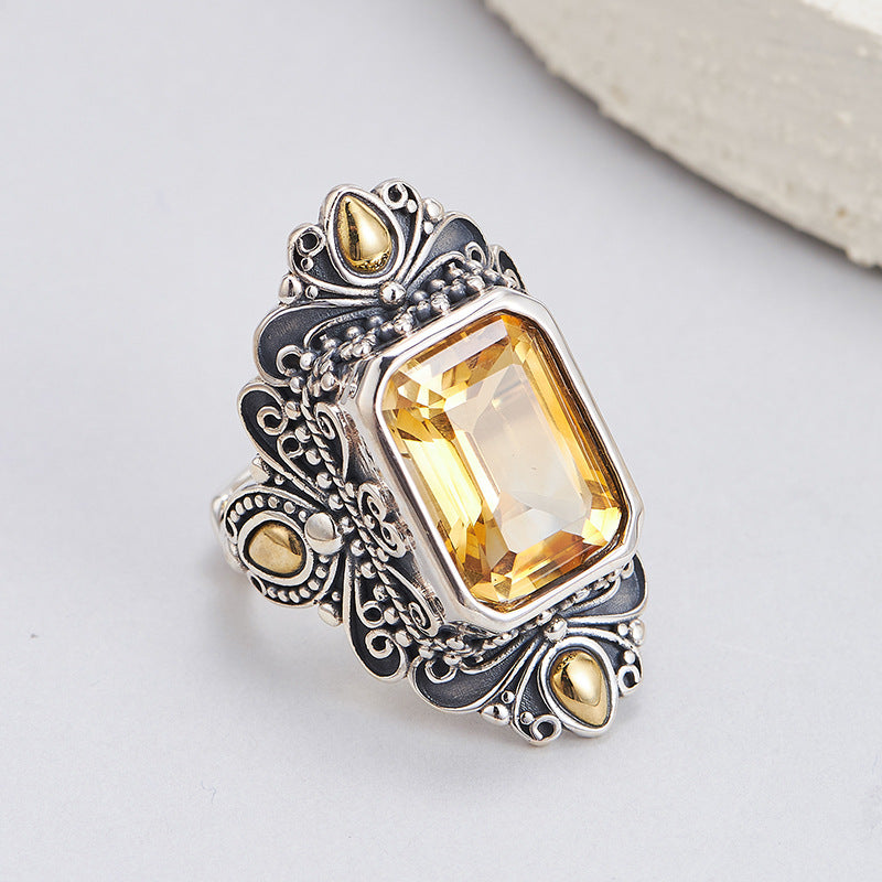 Retro Rhombus Citrine Ring - 925 Silver Copper Inlaid - Nepalese Niche Design