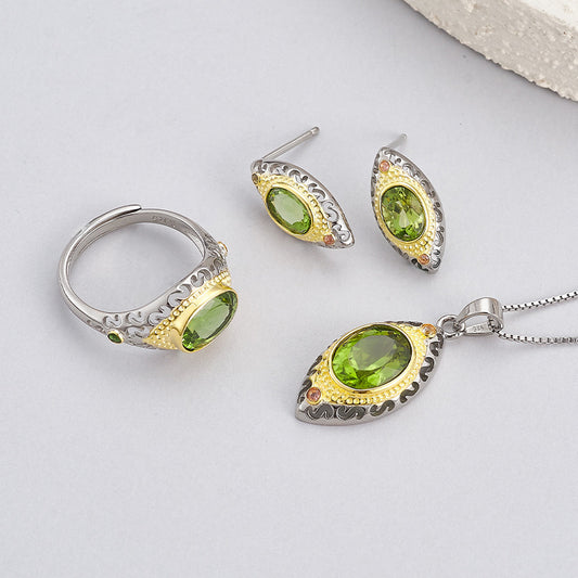 Two-Color Oval Peridot Earrings - 925 Silver Italian Craft - Vintage Court Geometry Set