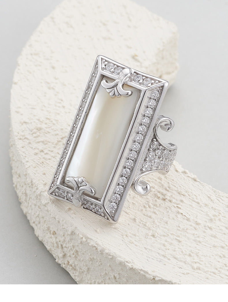 925 Sterling Silver White Shell Rectangular Ring with Crystals