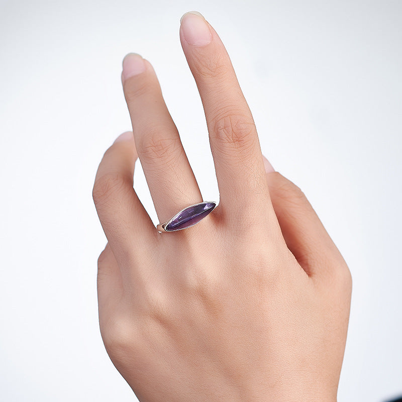 Minimalist Amethyst Marquise Ring - Adjustable Sterling Silver Band
