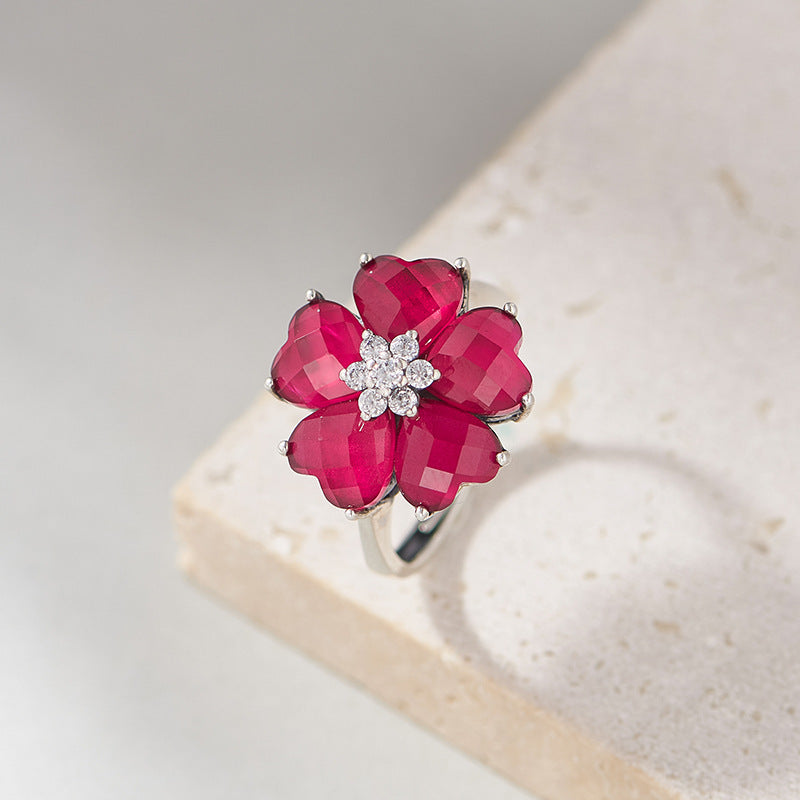 S925 silver heart-shaped redstone stud earrings fashion light luxury simple flower niche gemstone earrings women