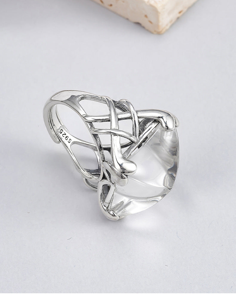 Hollow Geometric Crystal Ring - 925 Silver Large Opening - Exaggerated Index Finger Ring