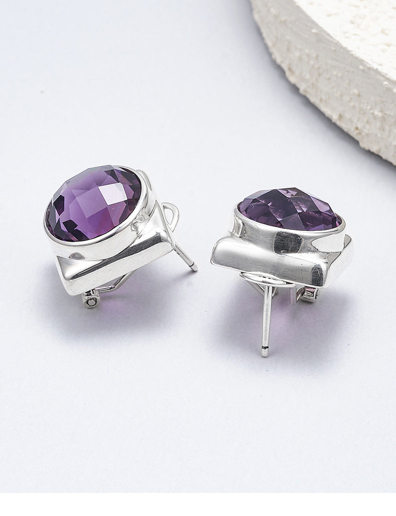 925 Sterling Silver Faceted Amethyst Geometric Hoop Earrings Set