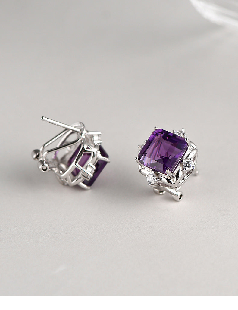 Square Amethyst Stud Earrings - 925 Sterling Silver Minimalist Cube Design