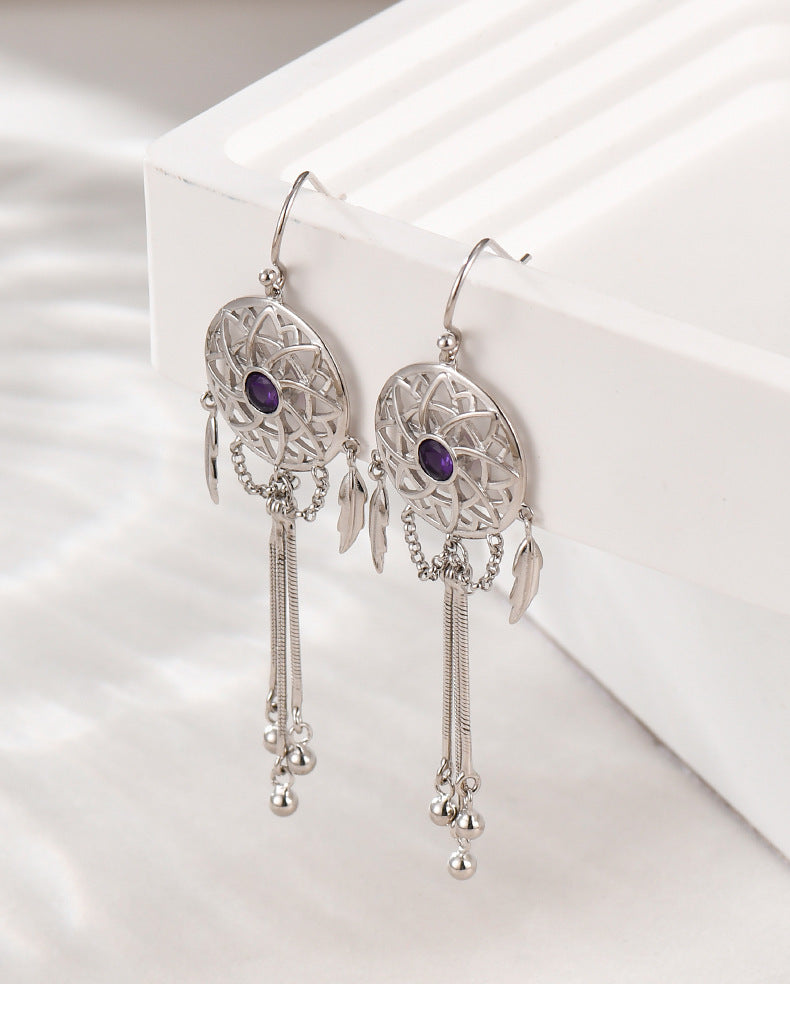 925 Sterling Silver Dreamcatcher Tassel Dangle Earrings - Bohemian Design