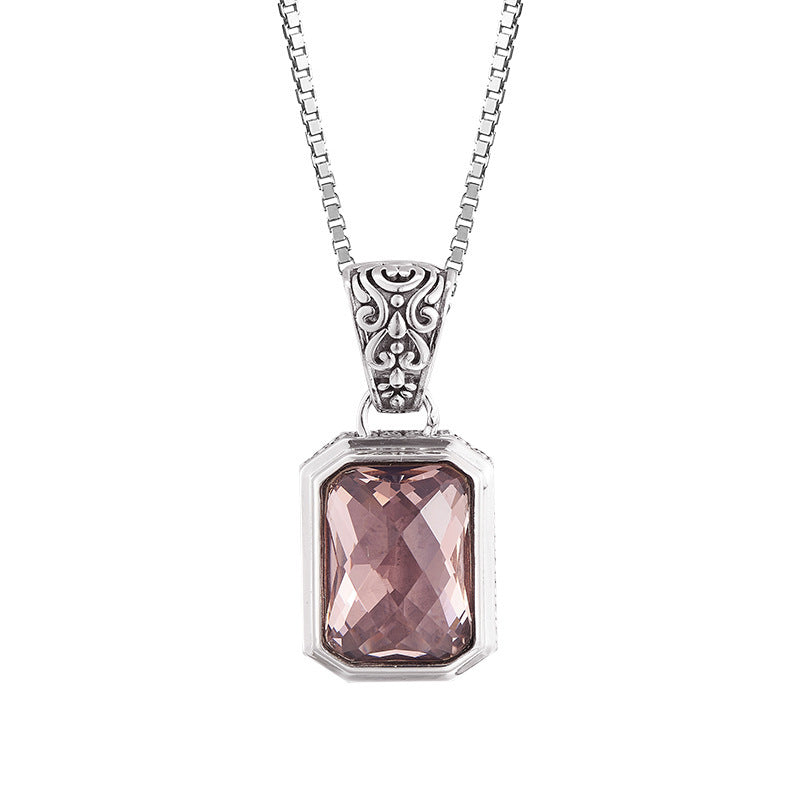 S925 silver inlaid morganite square pendant female Nepalese handmade personalized pattern geometric versatile necklace set