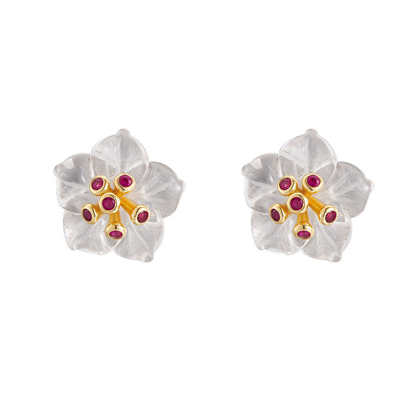Floral White Quartz & Ruby Ring - 925 Sterling Silver Adjustable Band with Gemstone Accents