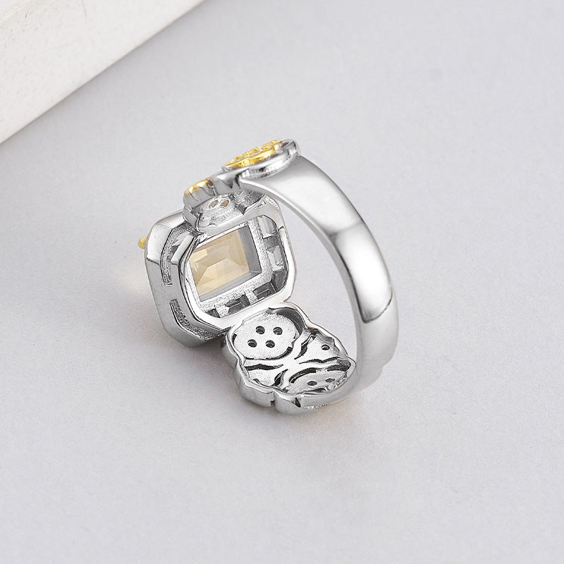 Hollow Flower Citrine Ring - 925 Silver Italian Craft - Geometric Opening Index Finger Ring