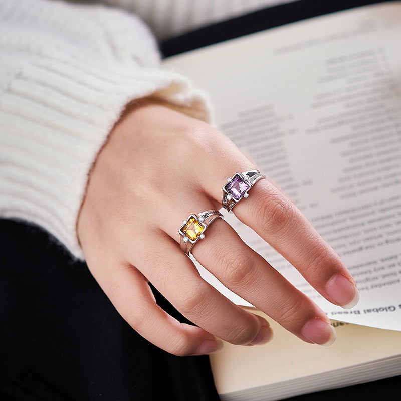 S925 silver natural crystal square ring fashionable versatile niche design adjustable index finger ring women