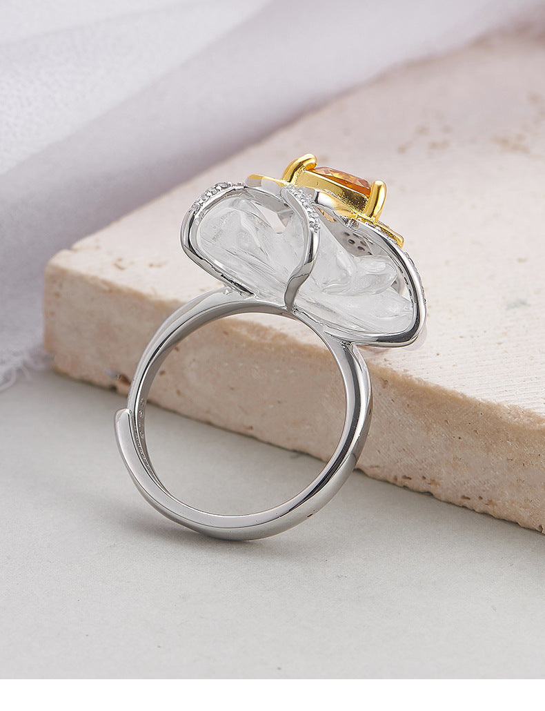 925 Sterling Silver White Crystal & Citrine Flower Ring