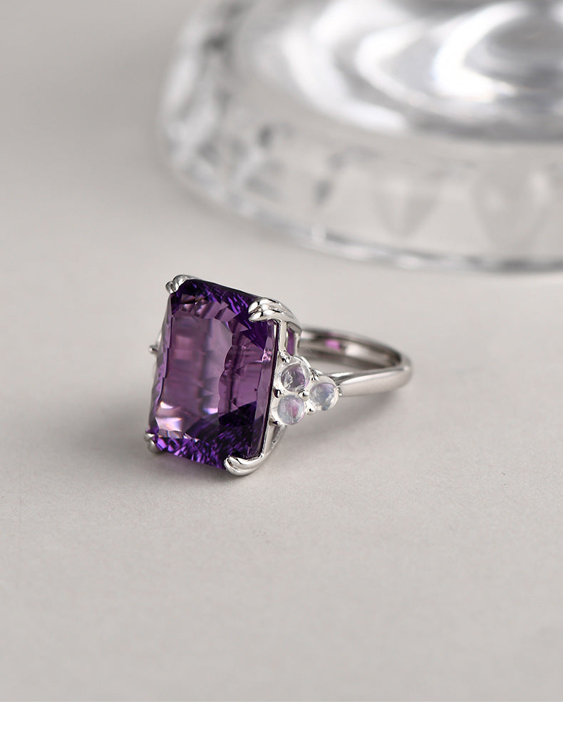 925 Sterling Silver Square Faceted Amethyst Ring - Minimalist Design