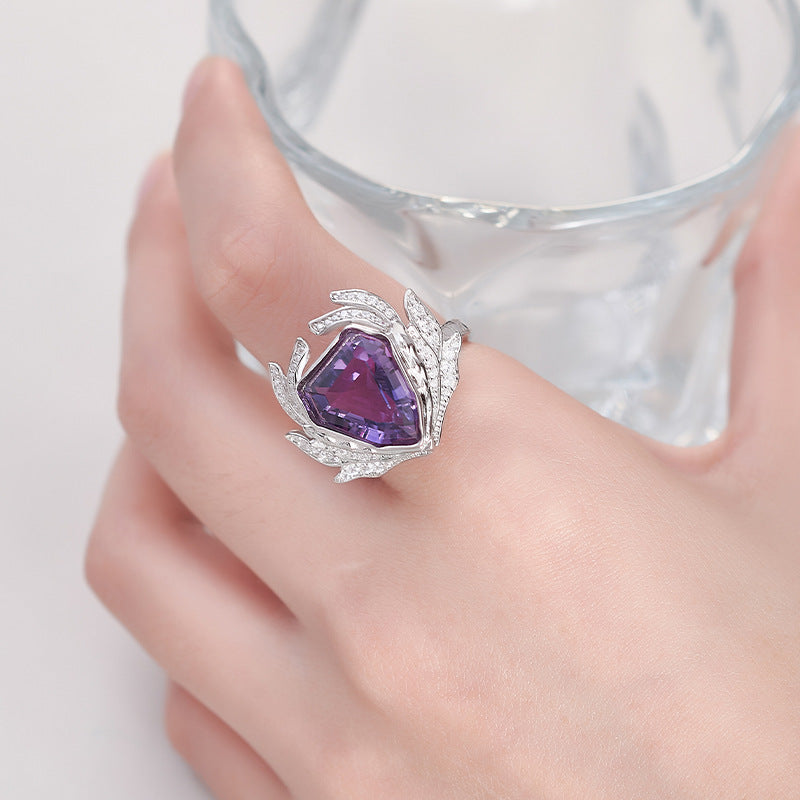 S925 silver light luxury geometric section amethyst full diamond ring niche design fashionable personality adjustable ring