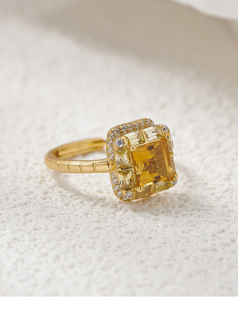 Square Citrine Ring - 925 Silver Super Flash - Niche Design Opening Index Finger Ring