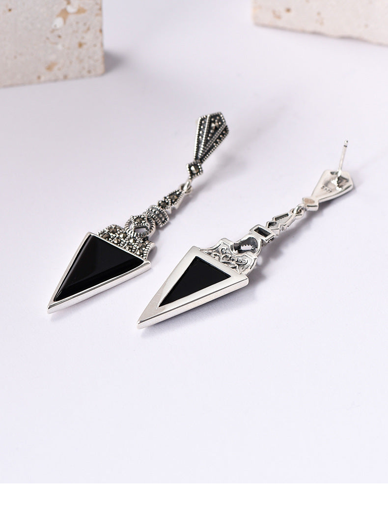 Statement Diamond-Shaped Earrings - 925 Sterling Silver with Black Onyx Triangle Accents