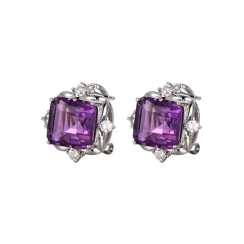 Square Amethyst Stud Earrings - 925 Sterling Silver Minimalist Cube Design