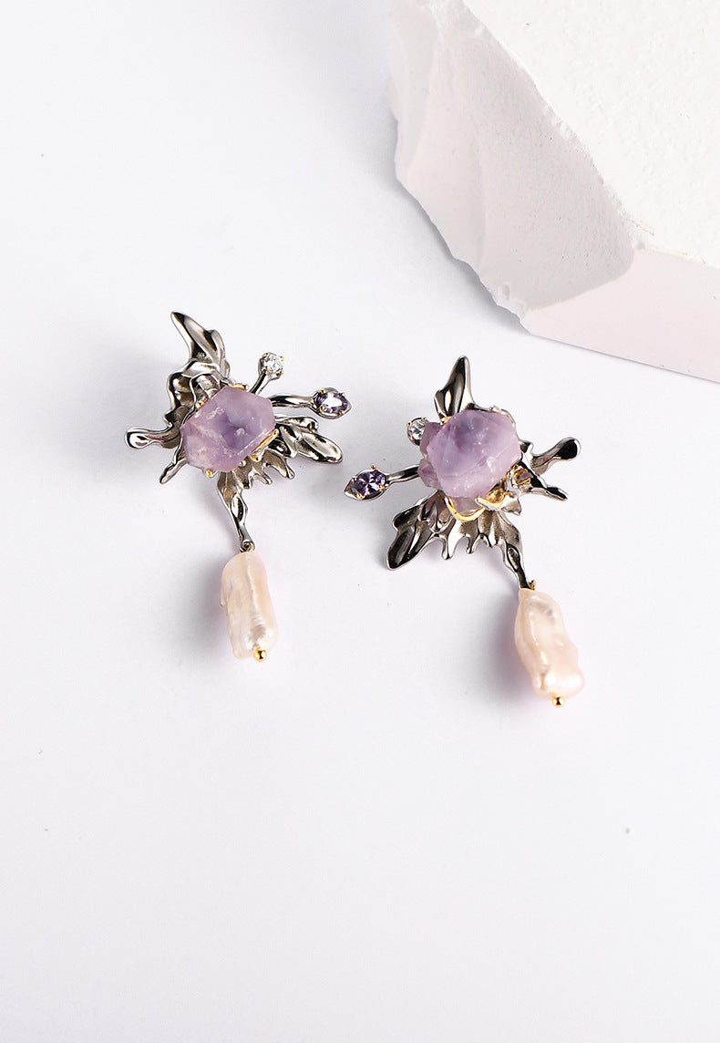 925 Sterling Silver Amethyst Stud Earrings - Baroque Vintage Design