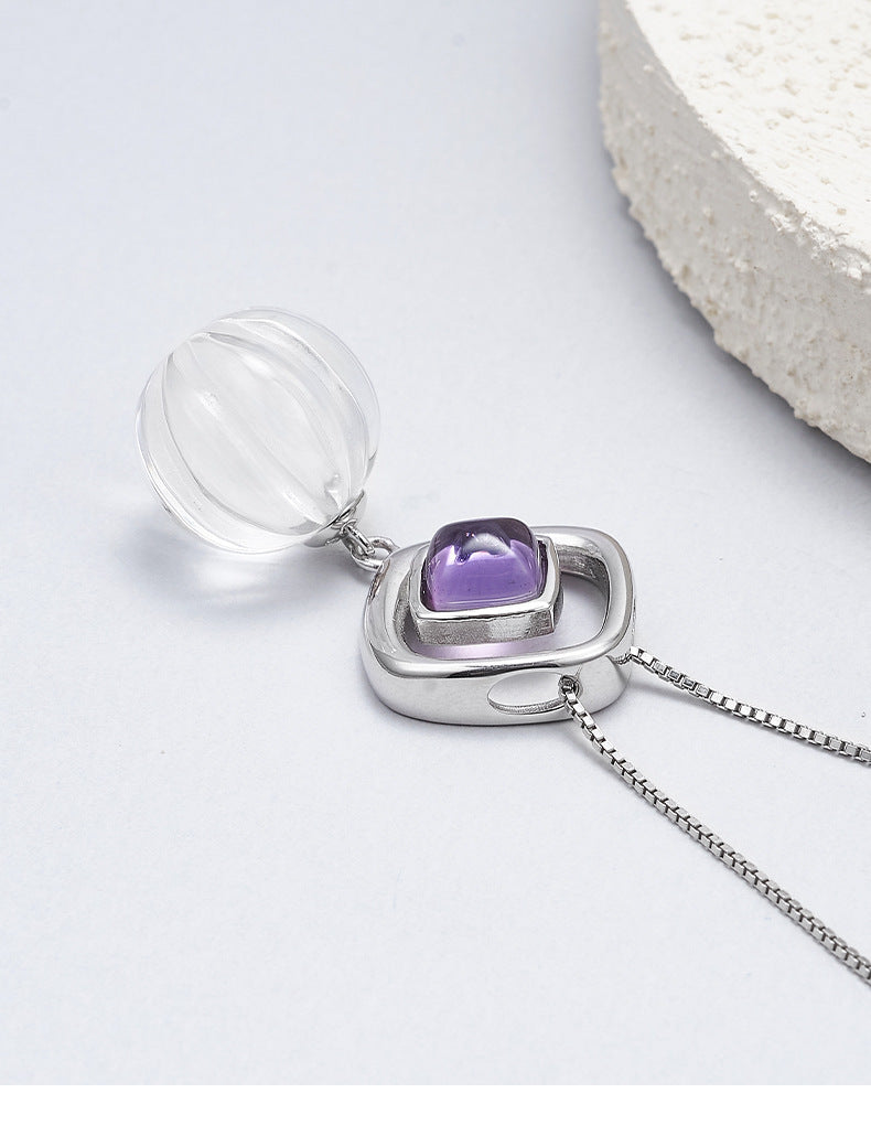 S925 silver rhombus hollow amethyst stud earrings pumpkin beads white crystal earrings simple niche design geometric set