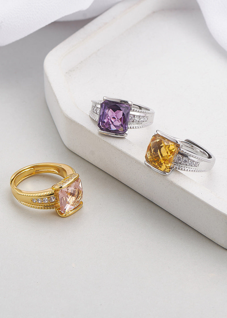 Faceted Amethyst Square Ring - 925 Sterling Silver Adjustable Open Band with Citrine Accents