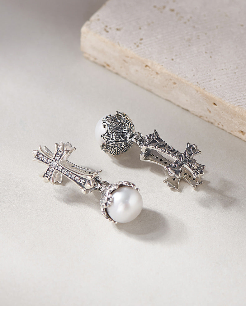 Vintage Inspired Pearl Cross Earrings - Sterling Silver Arabesque Detail - Unisex Clip-On Elegance