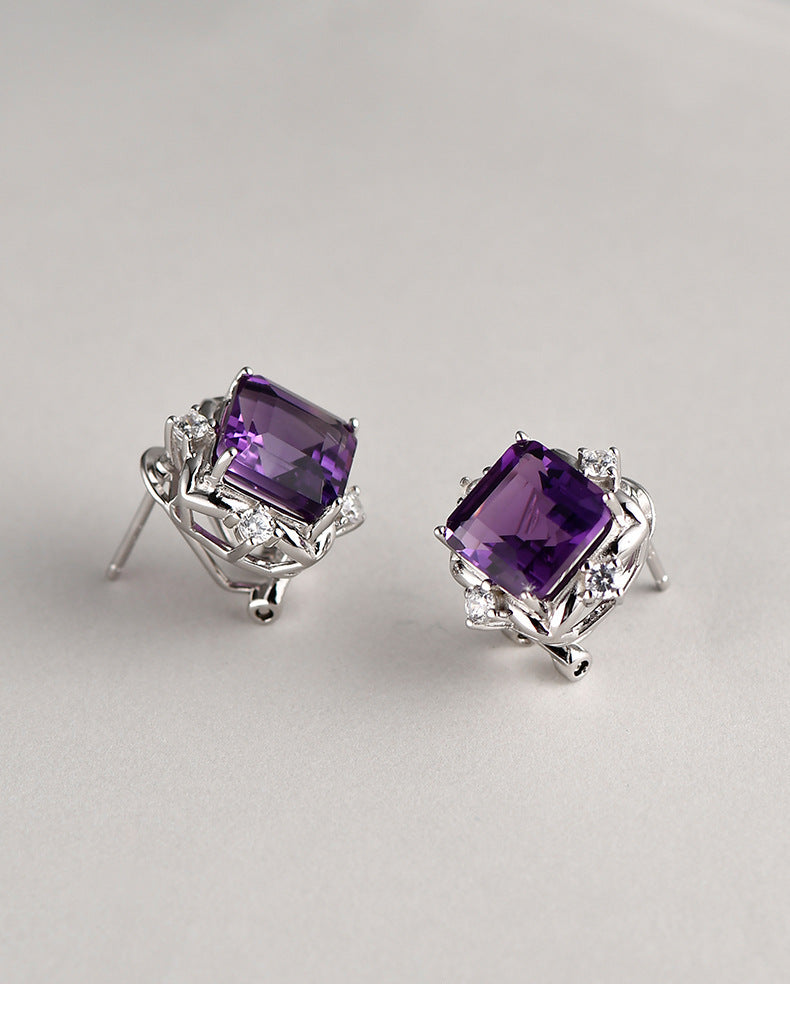 Square Amethyst Stud Earrings - 925 Sterling Silver Minimalist Cube Design