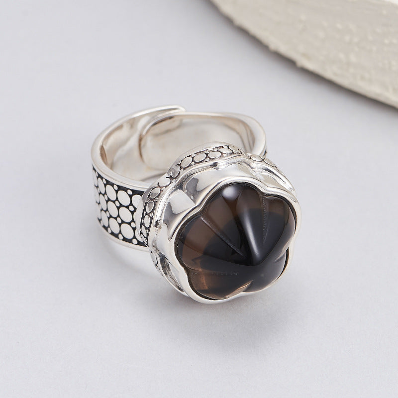 S925 silver natural amethyst plum blossom wide version ring retro niche design tea crystal index finger ring women