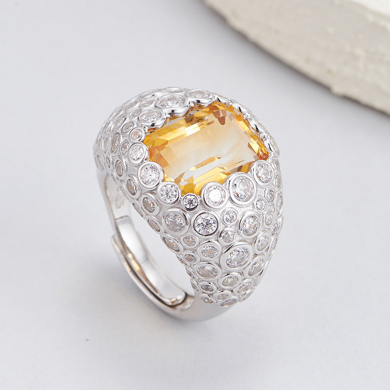S925 silver super flash full diamond natural citrine ring heavy industry personalized design open index finger ring