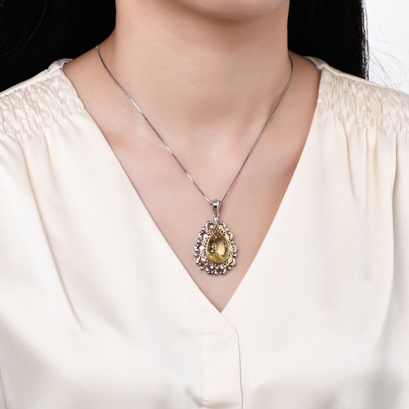 925 Sterling Silver Italian Lace Citrine Teardrop Pendant Necklace - Vintage Court Style