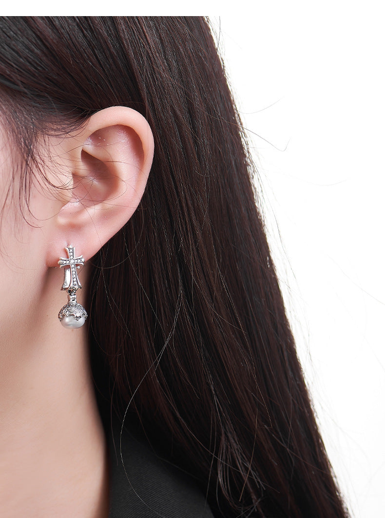 Vintage Inspired Pearl Cross Earrings - Sterling Silver Arabesque Detail - Unisex Clip-On Elegance