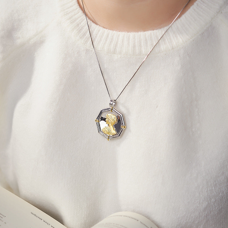 Amethyst Portrait Pendant | 925 Sterling Silver | Retro Relief Necklace