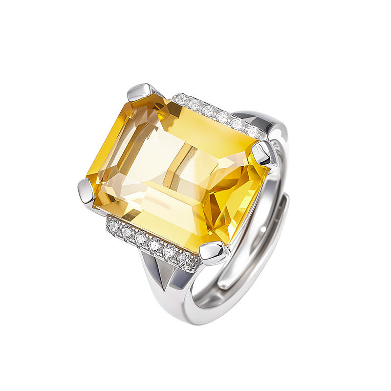 S925 Silver Delicate Fashion Cut Citrine Geometric Open Ring Simple Versatile Temperament Square Index Finger Ring Women