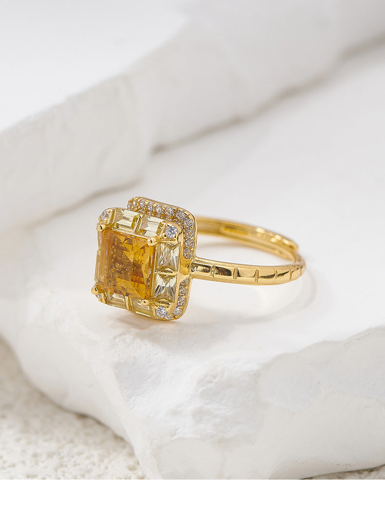Square Citrine Ring - 925 Silver Super Flash - Niche Design Opening Index Finger Ring