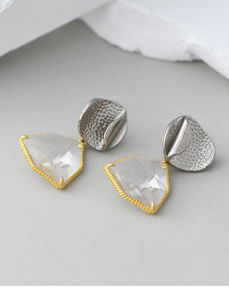 925 Sterling Silver Geometric Crystal Stud Earrings - French Gold Edge Design