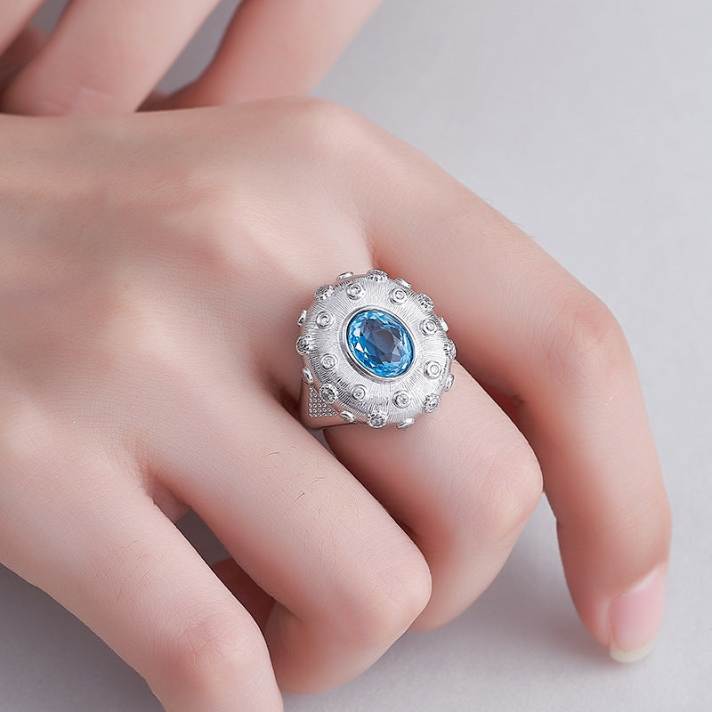 925 Sterling Silver Brushed Oval Topaz Ring with Crystals - Court Style Open Ring