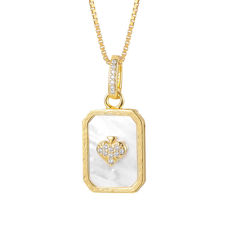 S925 silver-plated hemming inlaid shell pendant light luxury niche design playing card pendant collarbone necklace women