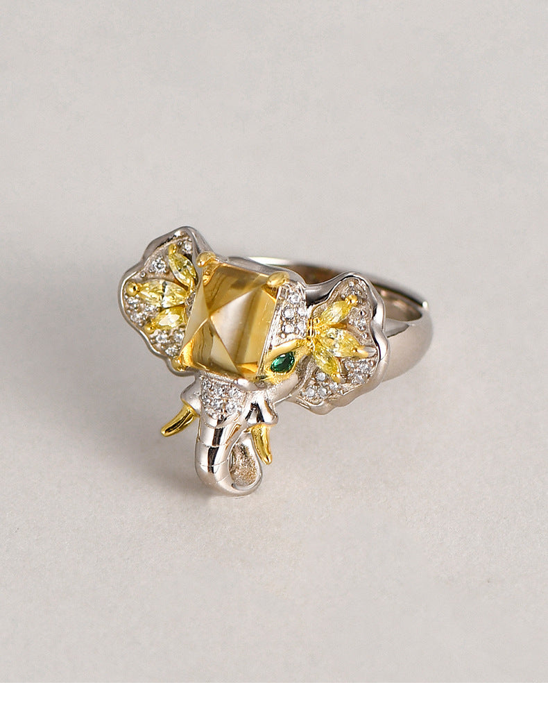 Elephant Citrine Ring - 925 Sterling Silver Adjustable Band with Micro-Pavé Detail