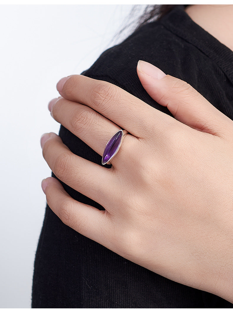 Minimalist Amethyst Marquise Ring - Adjustable Sterling Silver Band