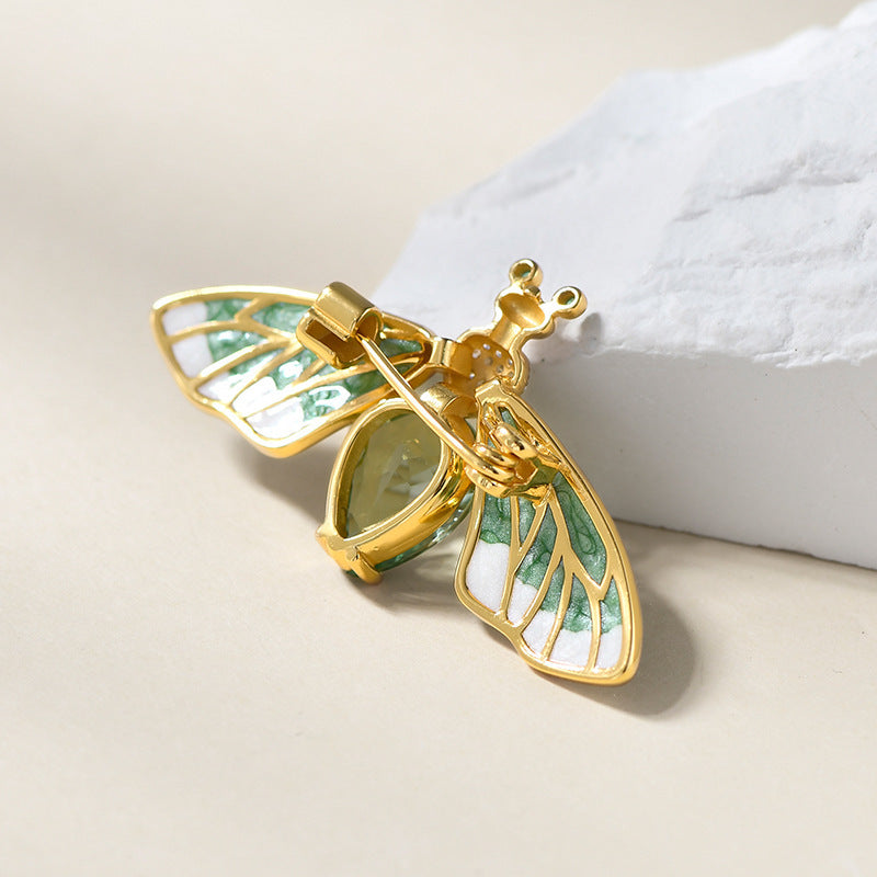 925 Sterling Silver Green Crystal Dragonfly Brooch Pin