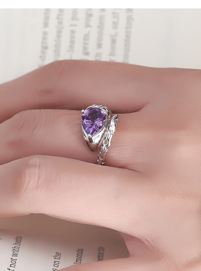 Serpent Amethyst Ring - 925 Sterling Silver Adjustable Band with Teardrop Stone