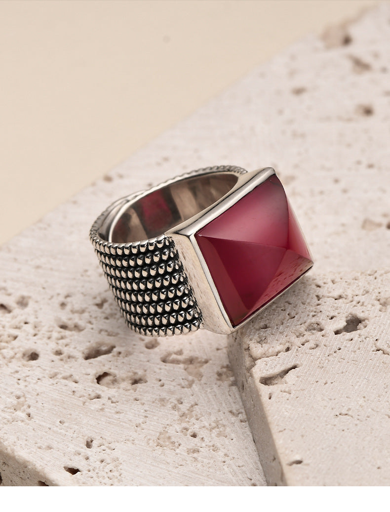 925 Sterling Silver Square Ruby Open Ring - Bold Vintage Design